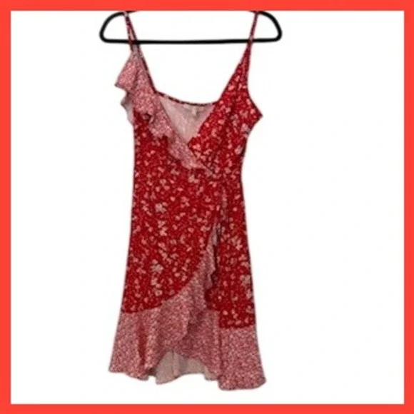 Skies Are Blue Red Floral Ruffle Wrap Dress Sleeveless Summer‎ Casual - Picture 4 of 4
